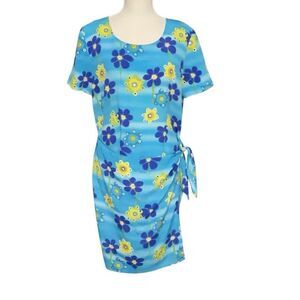 Christy Lyn Vintage Floral Faux Wrap Spring dress Blue Yellow Zip Back Size 9/10